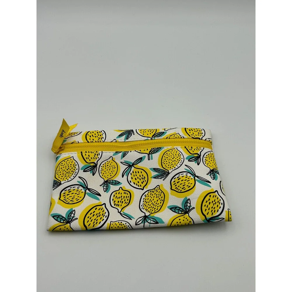 Ipsy Lemon Print Makeup Bag Yellow White Teal Zippered Cosmetic Pouch